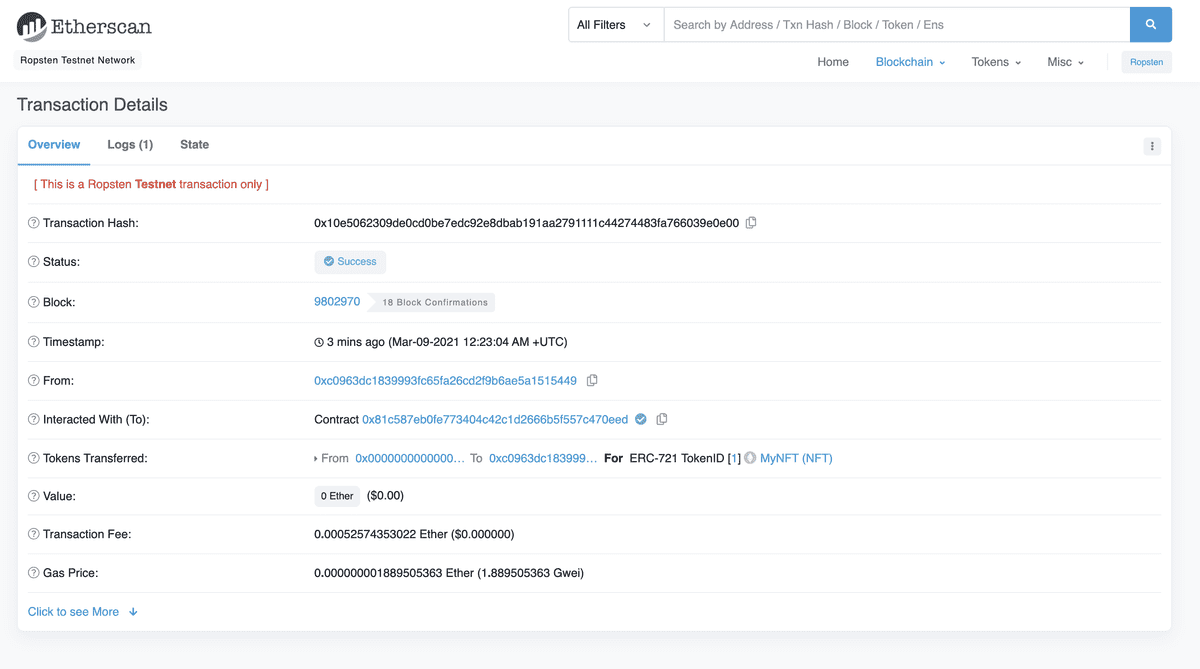 View your NFT transaction hash on Etherscan