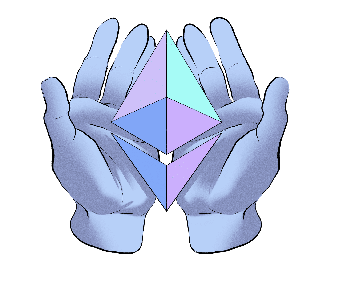 Illustration of hands offering an ETH symbol.