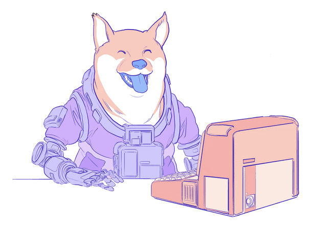 Illustration of a doge using a computer