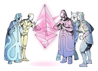 Illustration of a group of people marvelling at an ether (ETH) glyph in awe.