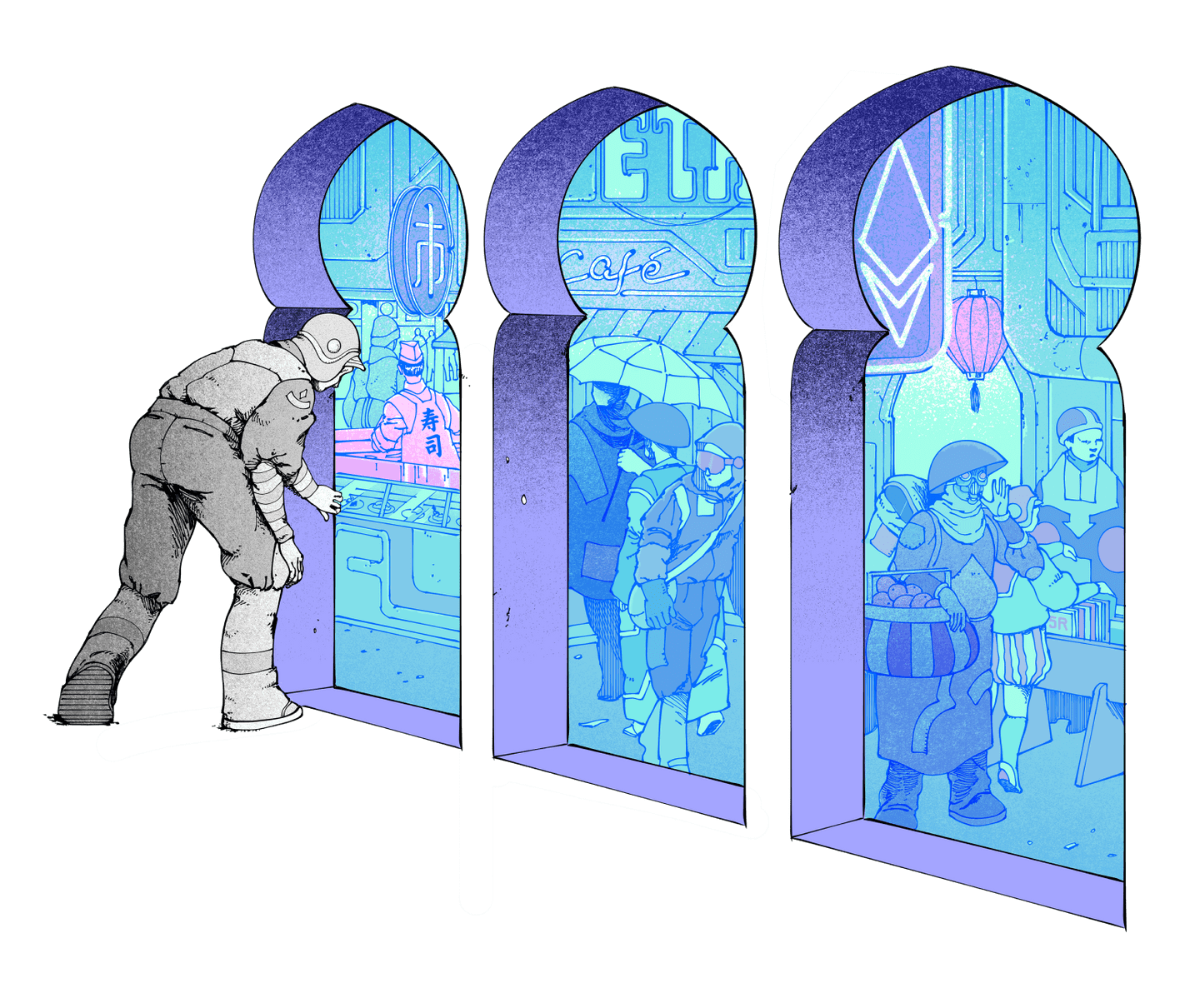 Illustration of a person peering into a bazaar, meant to represent Ethereum.